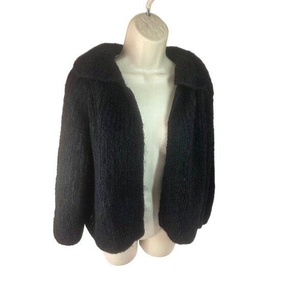 Handmade Sweaters - Handmade 50s 60s Crop Hem Open Cardigan Women Sz M/L Black Loose Knit Mohair